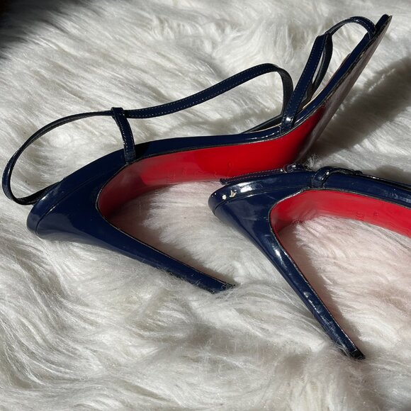 Christian Louboutin Navy Blue Patent Leather Strappy Heels Red Bottoms - Picture 7 of 10